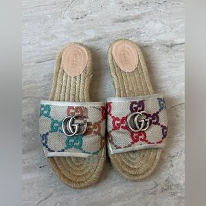 Gucci Beige and Multicolor GG Espadrille Slides